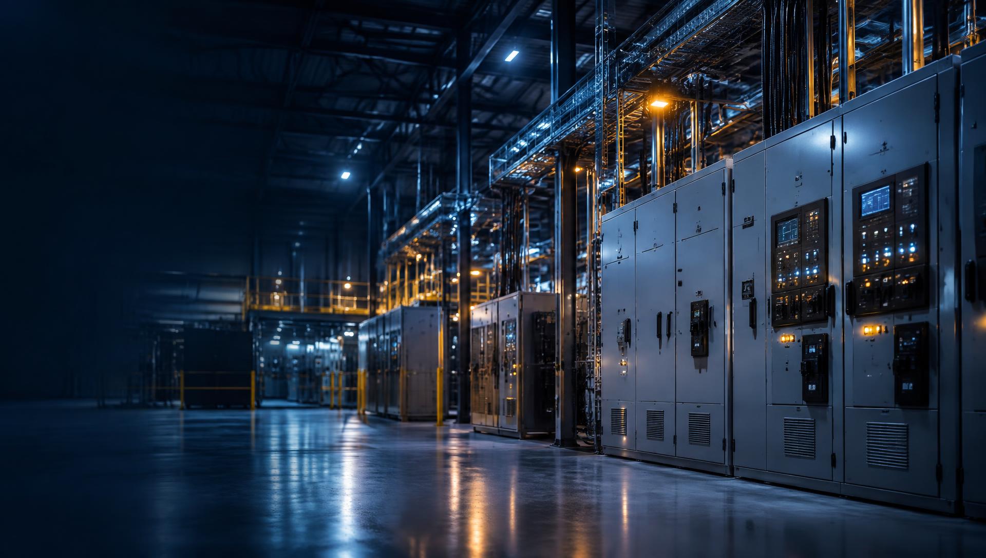 Painéis elétricos industriais iluminados em uma fábrica moderna